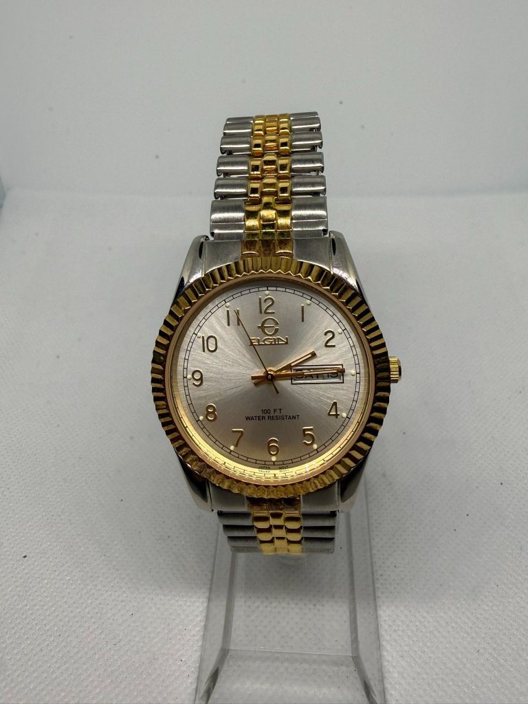 Elgin Mens PresidentStyle DayDate Watch TwoTone Fluted Bezel Silver Dial